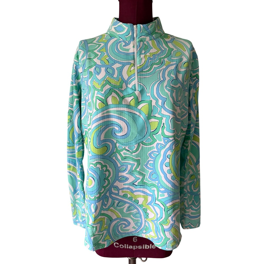 IBKUL Womens Top Sun Protective Cooling Long Sleeve Paisley Green Blue White XL